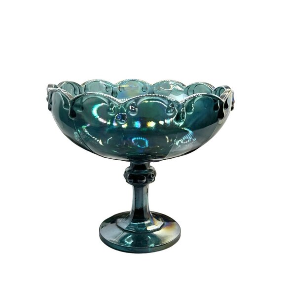 Vintage Iridescent Blue Carnival Glass Compote Pedestal Bowl - Picture 1 of 8